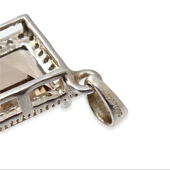 Estate Smoky Quartz Sterling Silver Pendant White Topaz Halo Square Step Cut - Picture 4 of 5